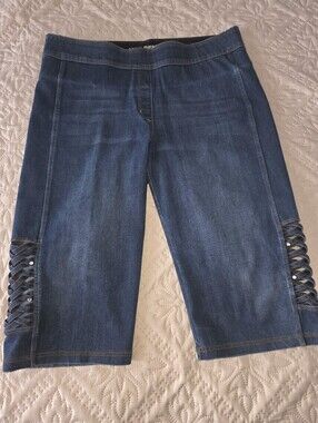 Luxe Denim, Dark Wash Denim Bermuda Shorts with Lattice Side Detail Size 14-16